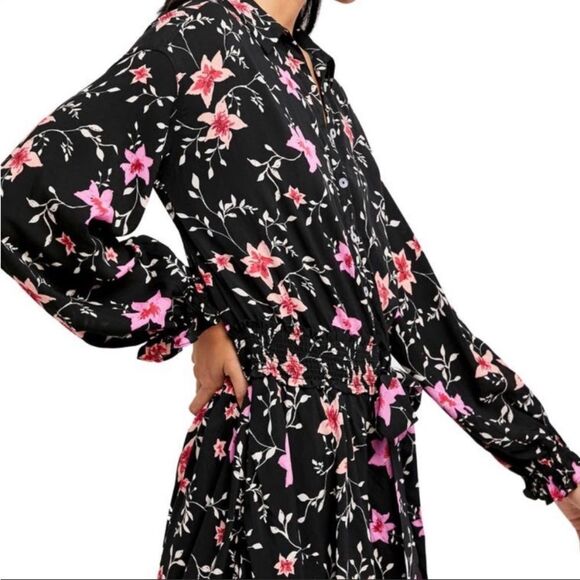 Free People Lighten Up Dress Floral on Black long sleeve with tie waist Sz XS - Picture 5 of 15
